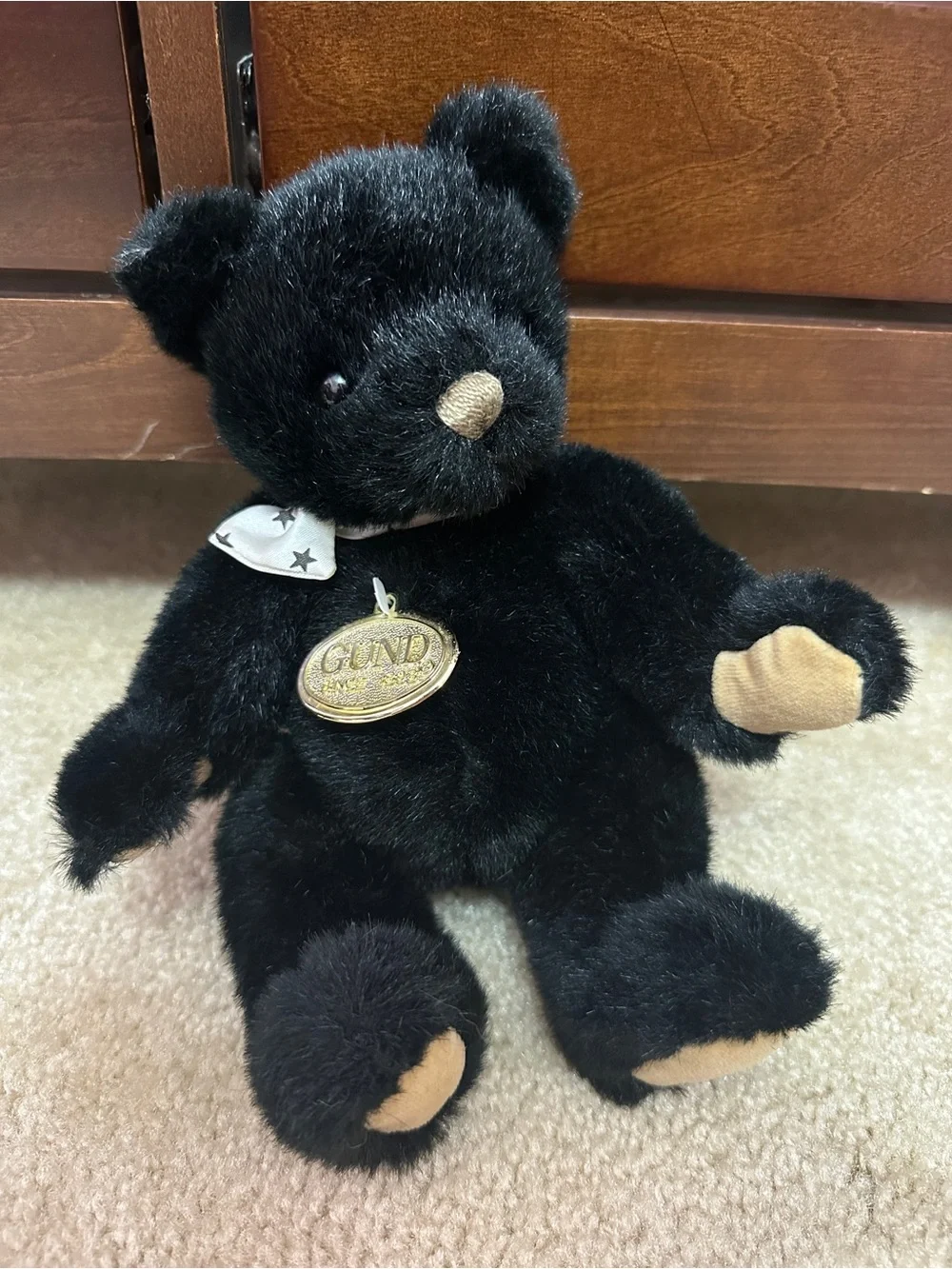 Vintage 1991 Gund Black Jointed Teddy Bear 9” Star Bow Tie